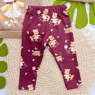 Conj. Casaco de Moletom Raposinha com Botinhas e Calça Legging - Marrom e Bordo